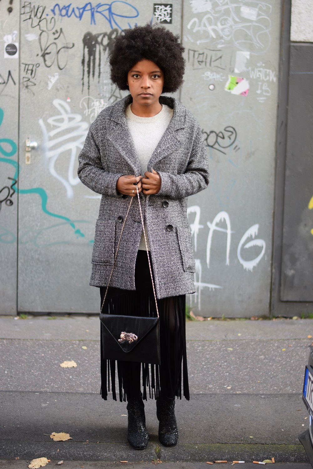 jupe franges manteau gris